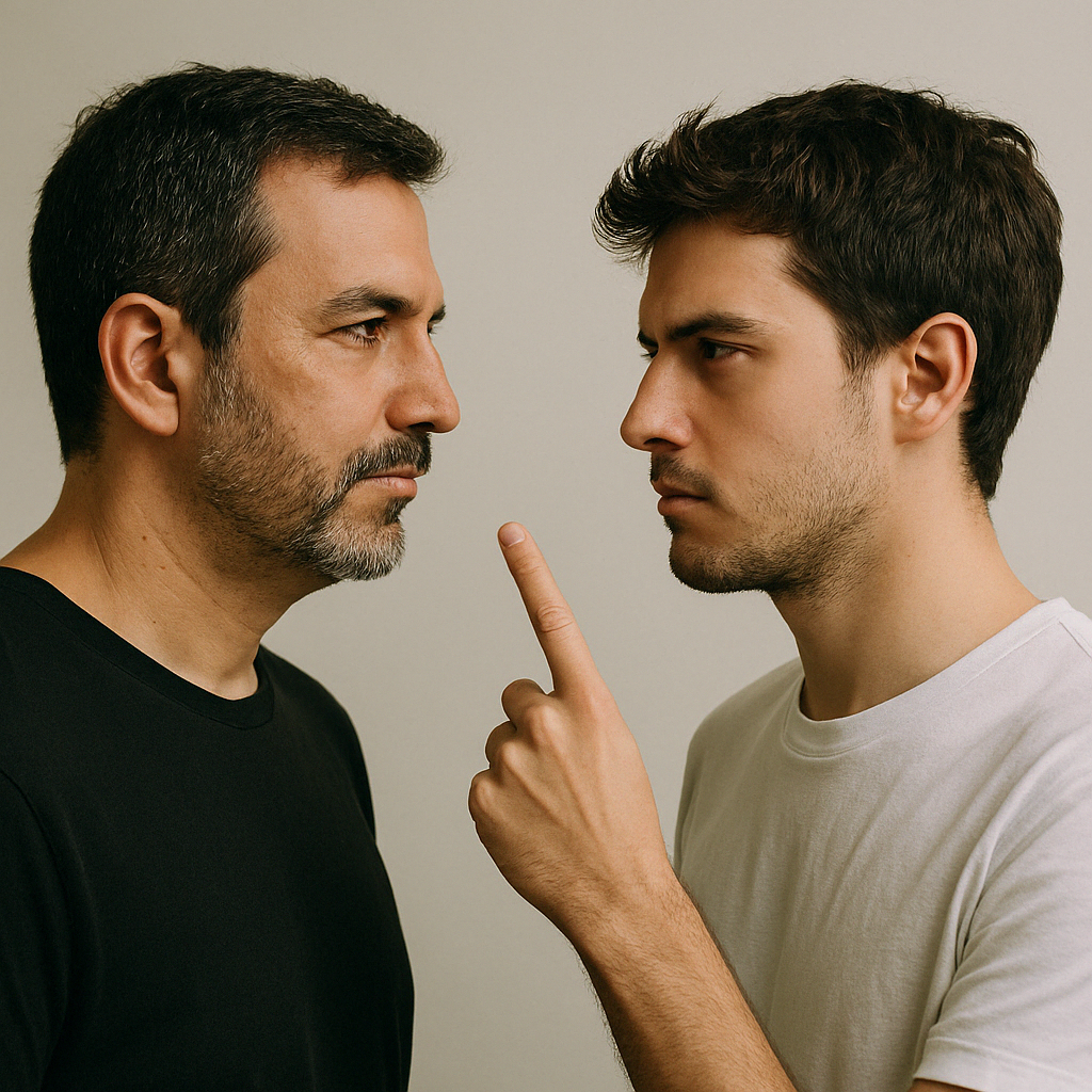 Dos hombres similares enfrentados cara a cara; el más joven señala al mayor con el dedo, simbolizando la identidad construida por oposición.