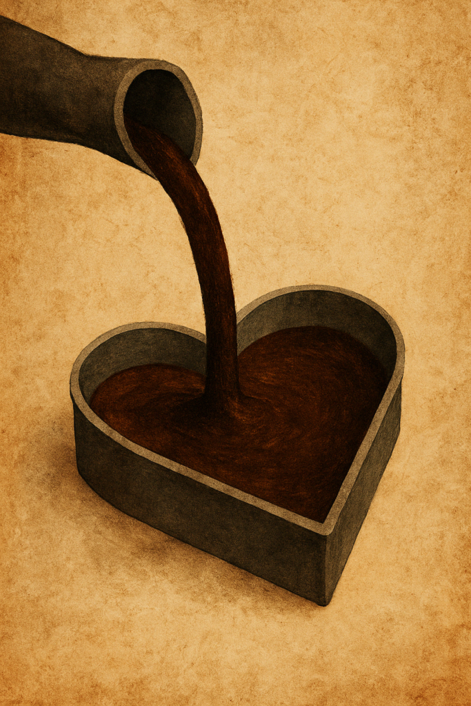 Líquido oscuro cayendo en un molde con forma de corazón, simbolizando cómo lo heredado con amor puede limitar las formas de sentir sin que lo notemos.