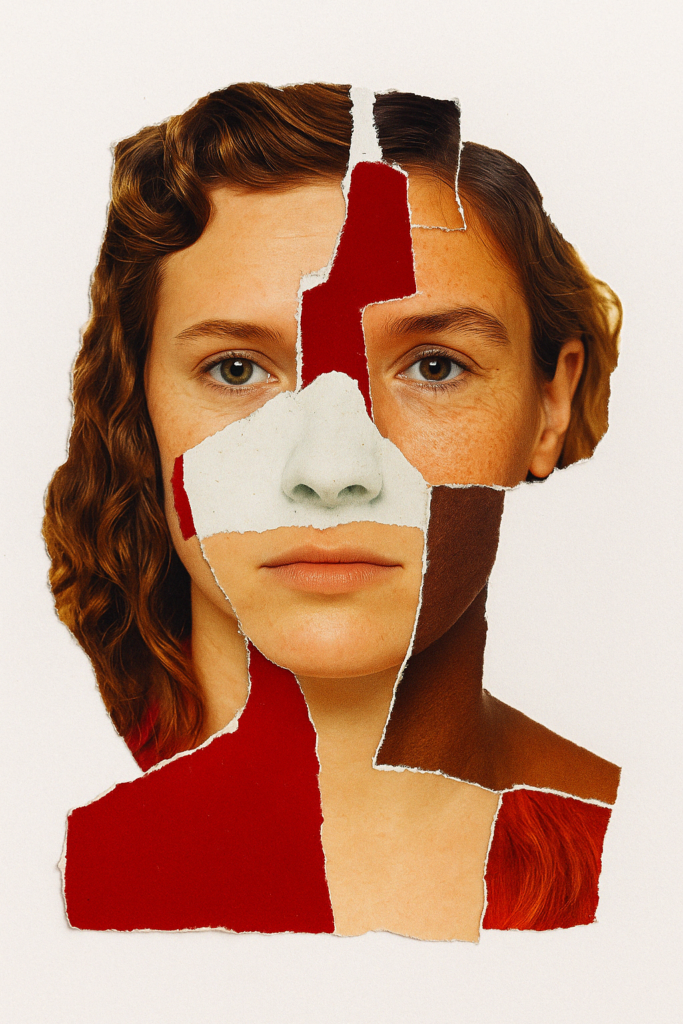 Collage de rostro humano compuesto por distintos recortes de rasgos, como metáfora de la identidad construida por capas superpuestas.