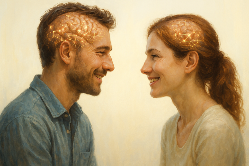 Ilustración realista de una pareja mirándose con ternura. Sus cerebros, parcialmente visibles, muestran redes neuronales brillantes que aluden a algoritmos internos. La escena transmite conexión emocional profunda y consciencia mutua, simbolizando el deseo que reconoce y desactiva patrones inconscientes.